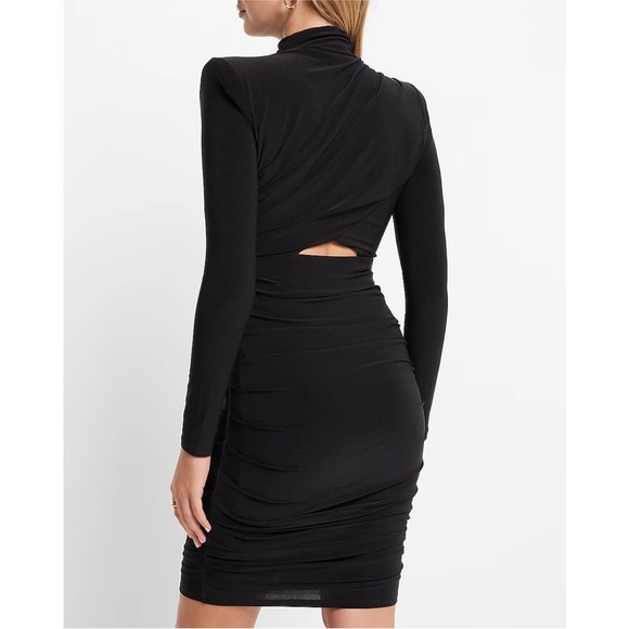 NWT Express Ruched Mock Neck Strong Shoulder Back Cutout Mini Dress Black Sz XL - Picture 5 of 13